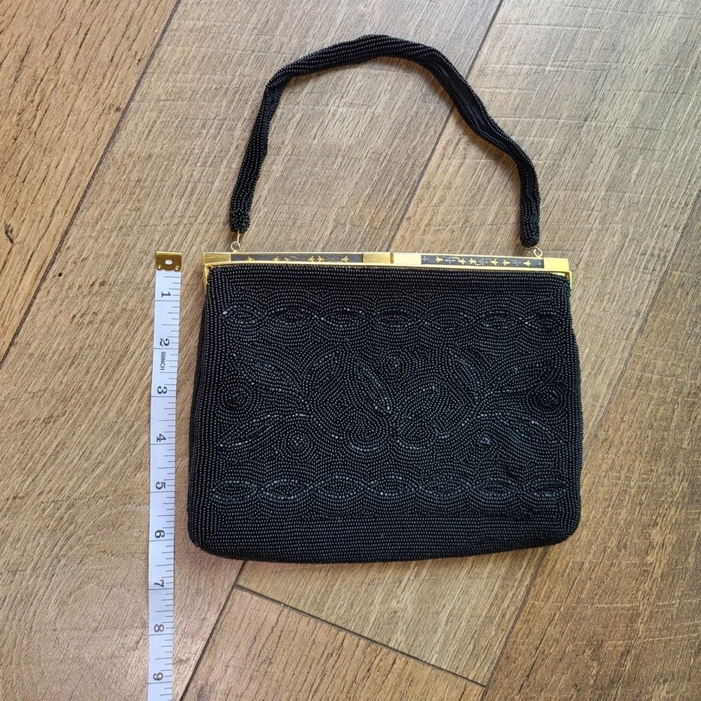 Walborg Vintage Black Bead Evening Bag Hand Made in Japan Gold Tone Frame Purse